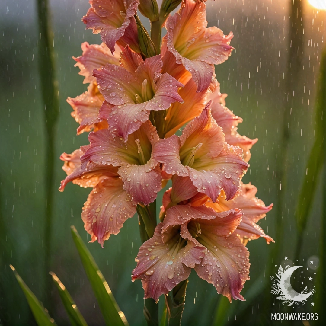 A peaceful gladiolus flower drenched in rain at sunset with sparkles.