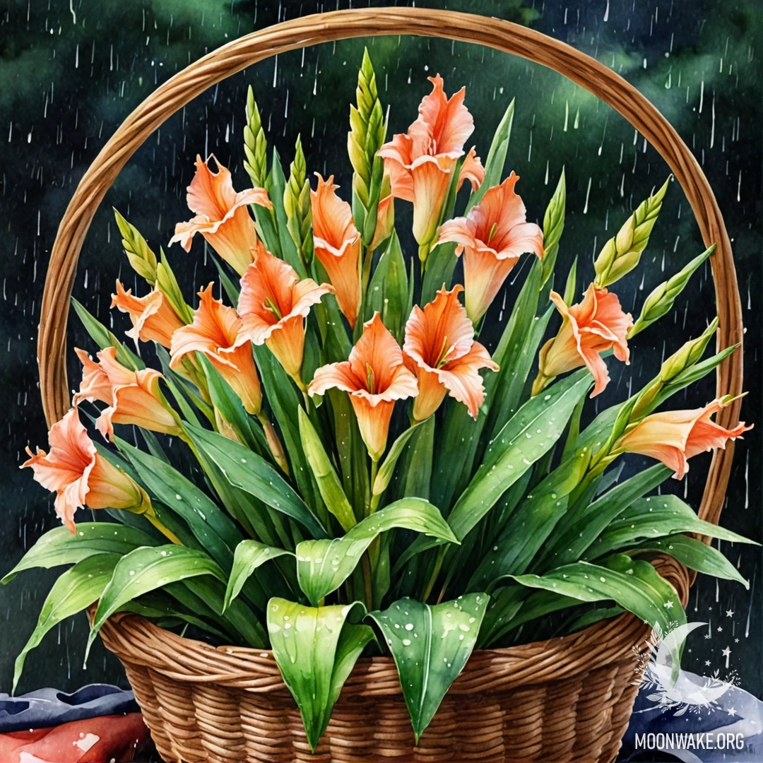 Calm Gladiolus in Rainy Night A serene gladiolus flower in a green basket, drenched by a gentle rain at night.
