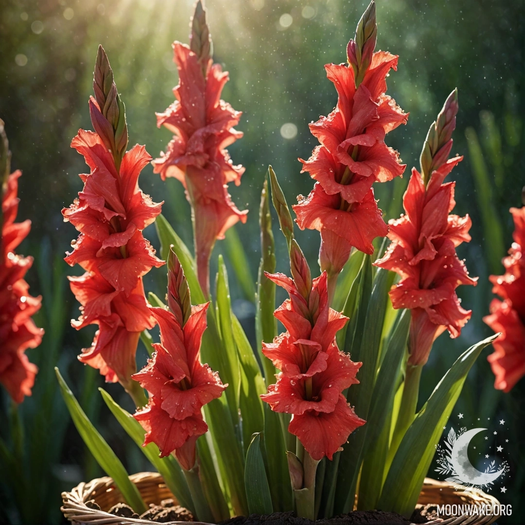 Calm Gladiolus with Dew Drops A serene red gladiolus with dew drops sitting in a basket illuminated by sunny rays.