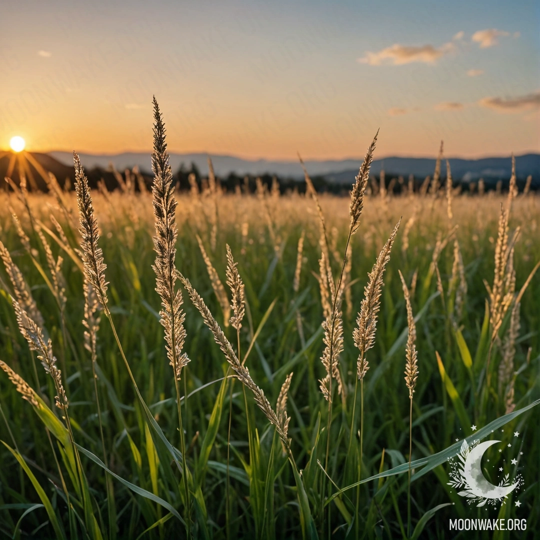 Close-up view of lush grass in a tranquil field against a bokeh sky at sunset.