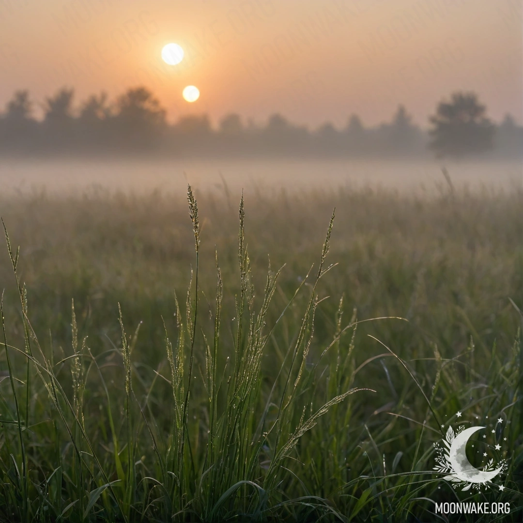 A close-up of grass in a calm field with a bokeh background and fog at sunset.