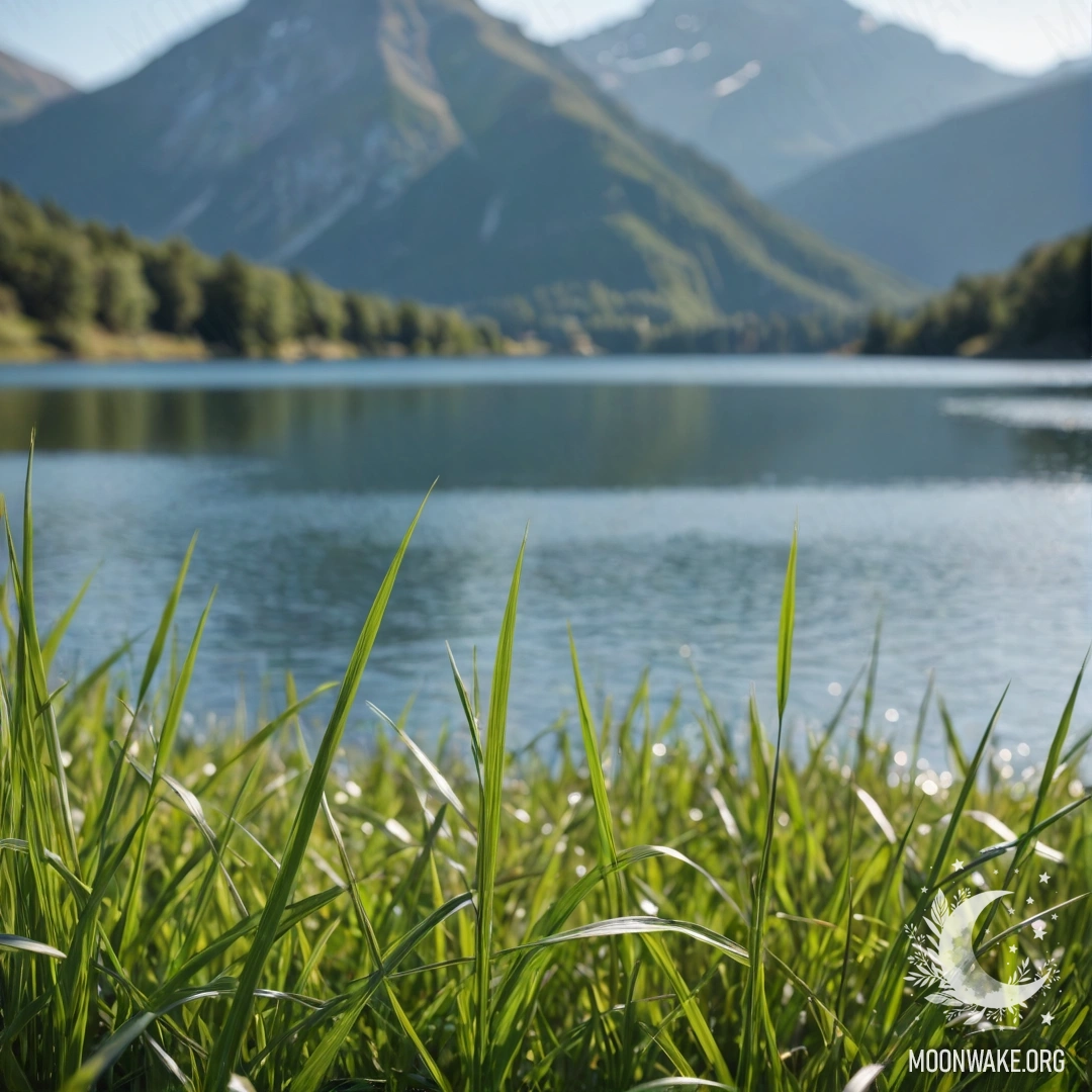 Close-up of grass field with a blurred mountain lake in the background during a sunny day.