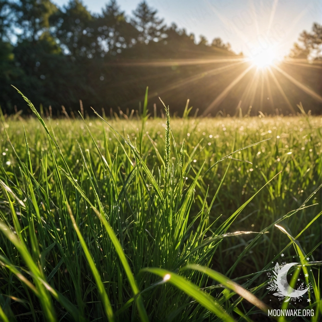 A close-up of grass in a peaceful field with a bokeh sky and sun rays.