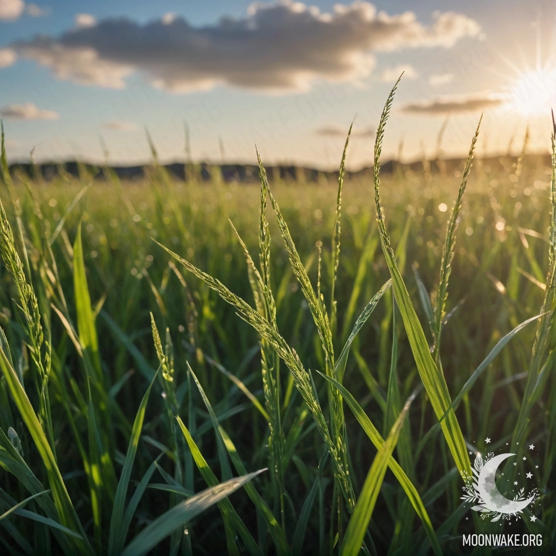 A close-up view of grass in a serene field against a blurred sky filled with clouds and lens flares.