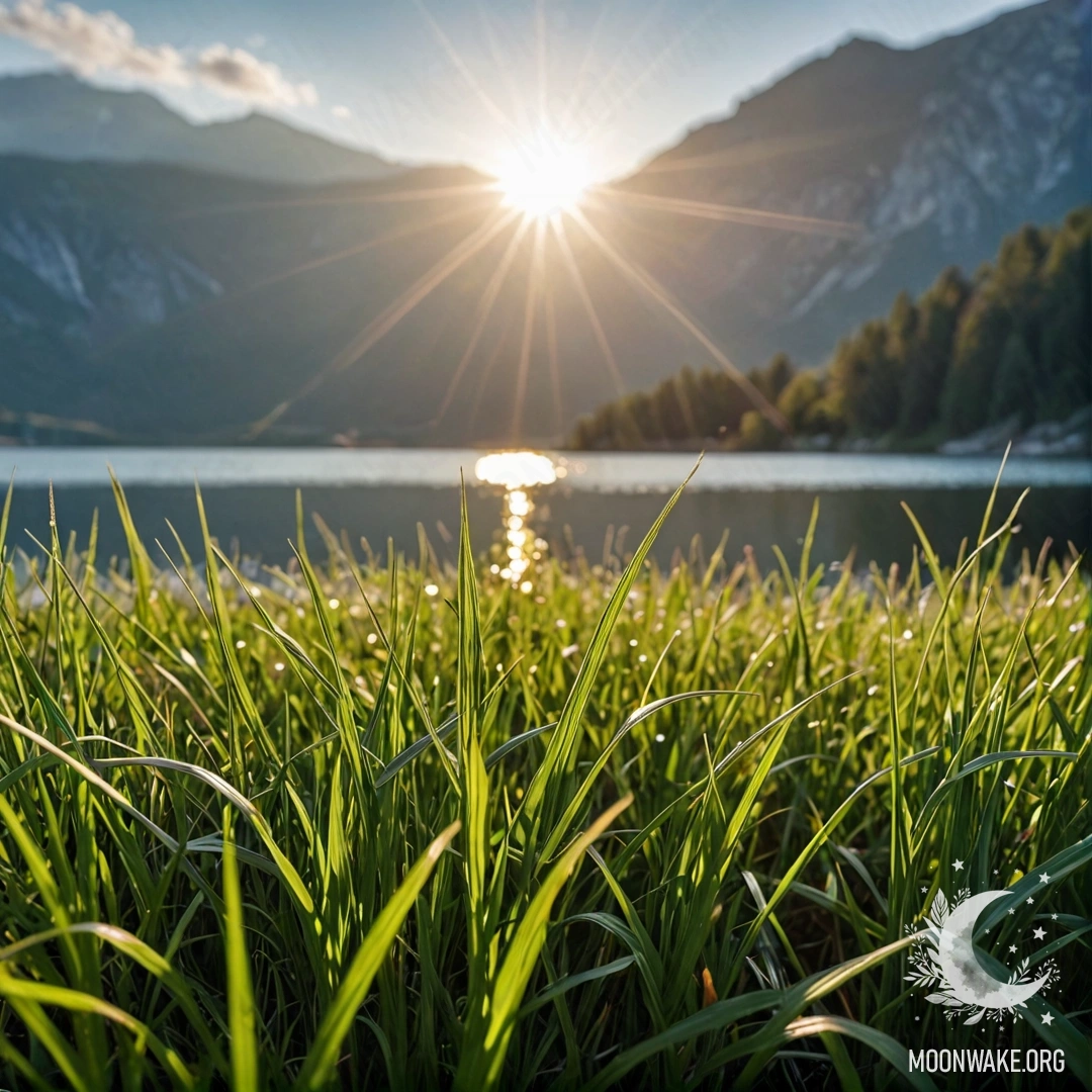 Calm Grass Field by Mountain Lake Close-up of grass in a tranquil field near a mountain lake with sun rays.