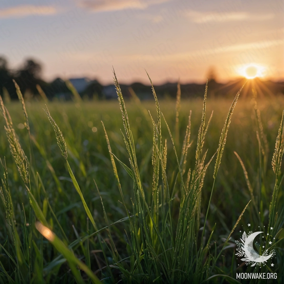 A close-up view of grass in a field illuminated by a sunset with bokeh effects.