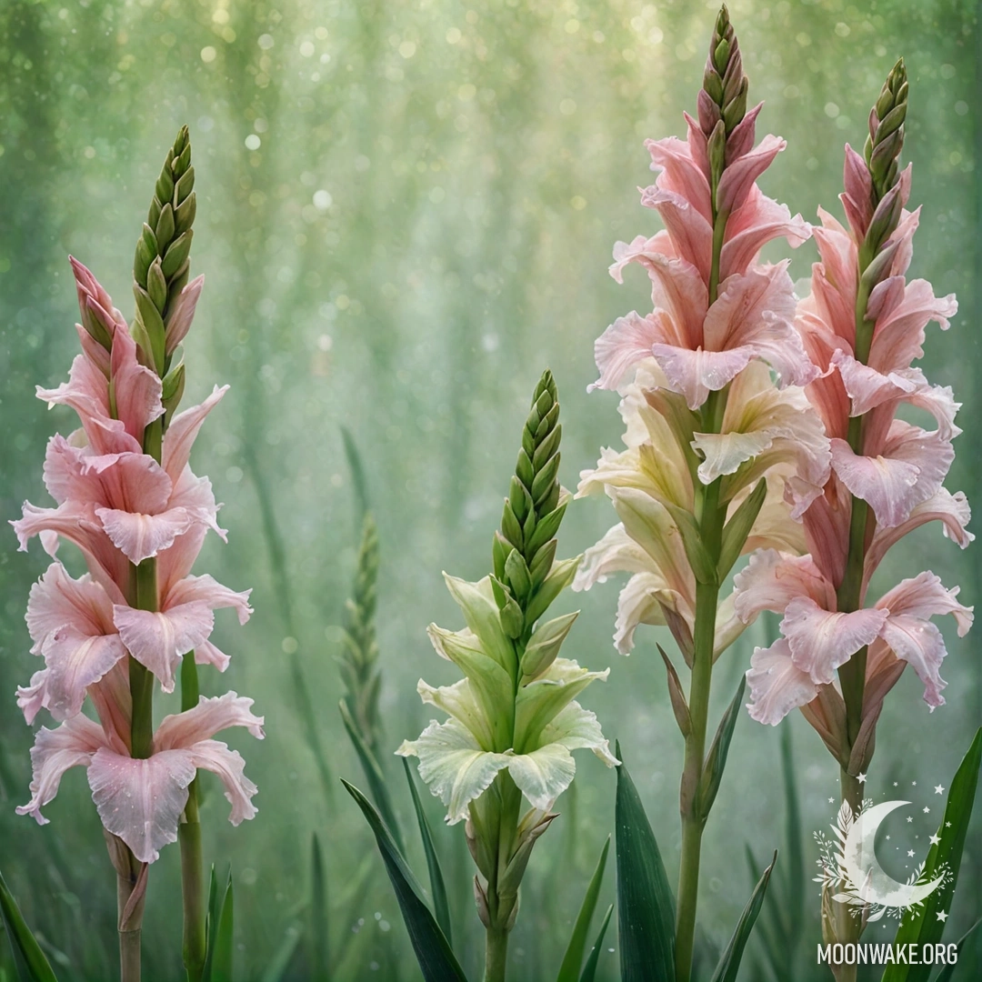 A serene green gladiolus flower surrounded by mist and glitter.