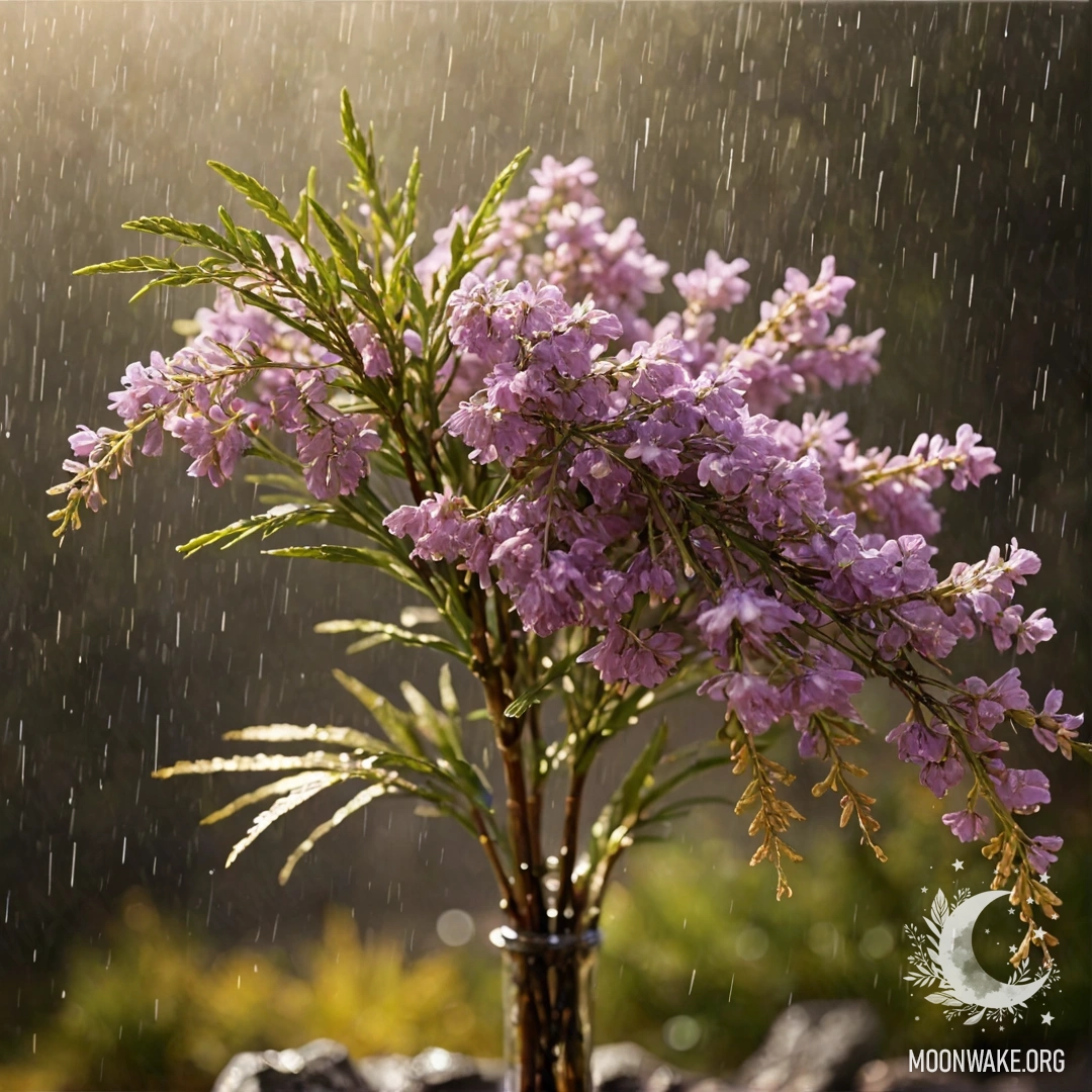 A peaceful heather landscape drenched in rain with golden flowers.