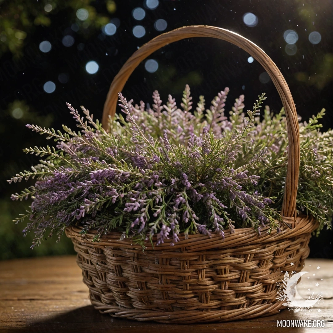 An olive green basket filled with calm heather adorned with dewdrops at night.