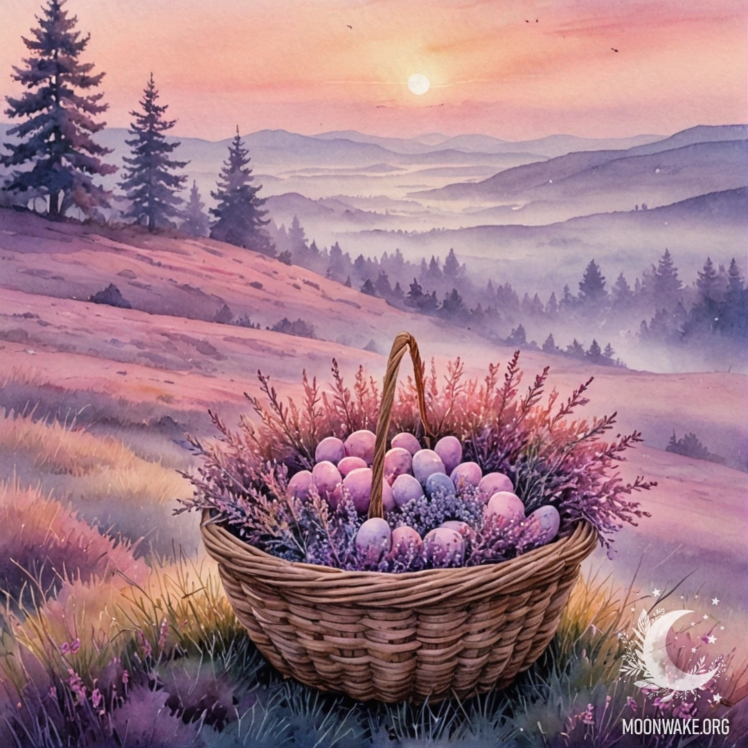 A serene watercolor painting of pink heather in a basket, enveloped by mist during sunset.