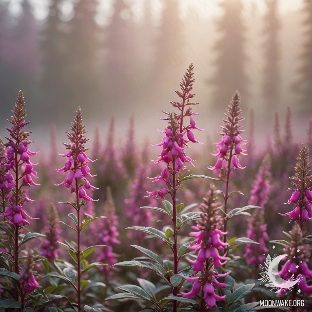 Misty Calm Heather with Sunny Rays A serene landscape featuring calm heather in mist under sunny rays.