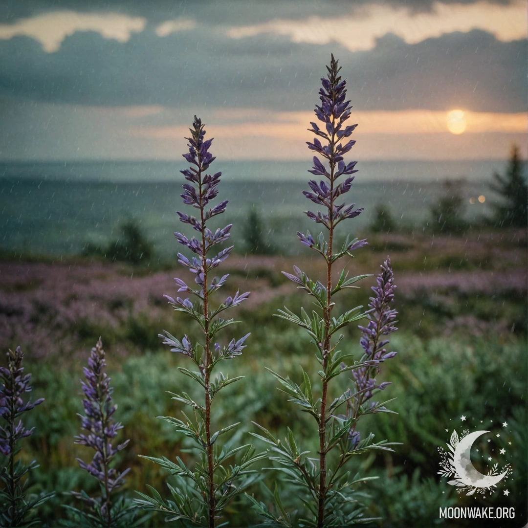 A serene scene of heather covered in rain with a sunset backdrop.