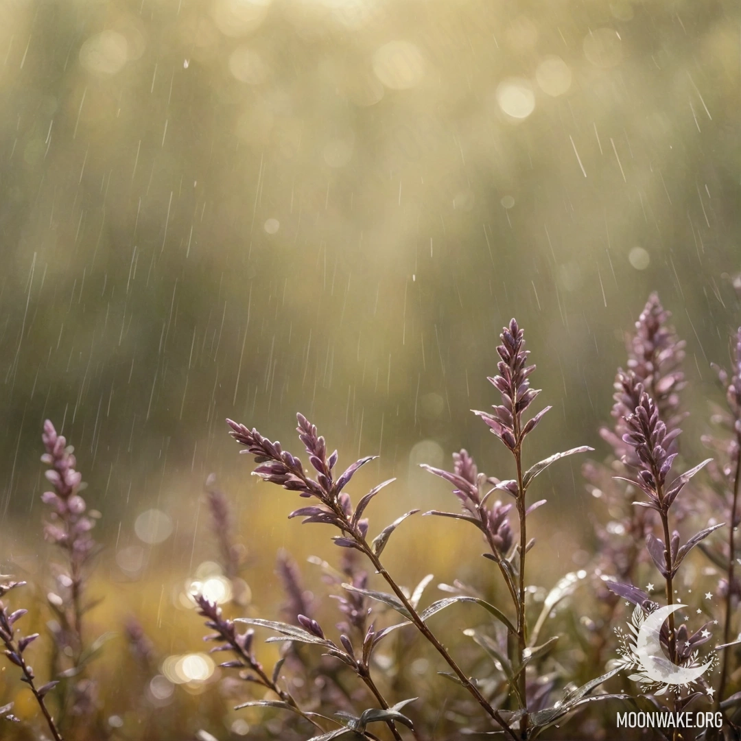 Calm Heather Under Rain and Sunny Rays A serene scene of heather under rain with sun rays and rhinestones.