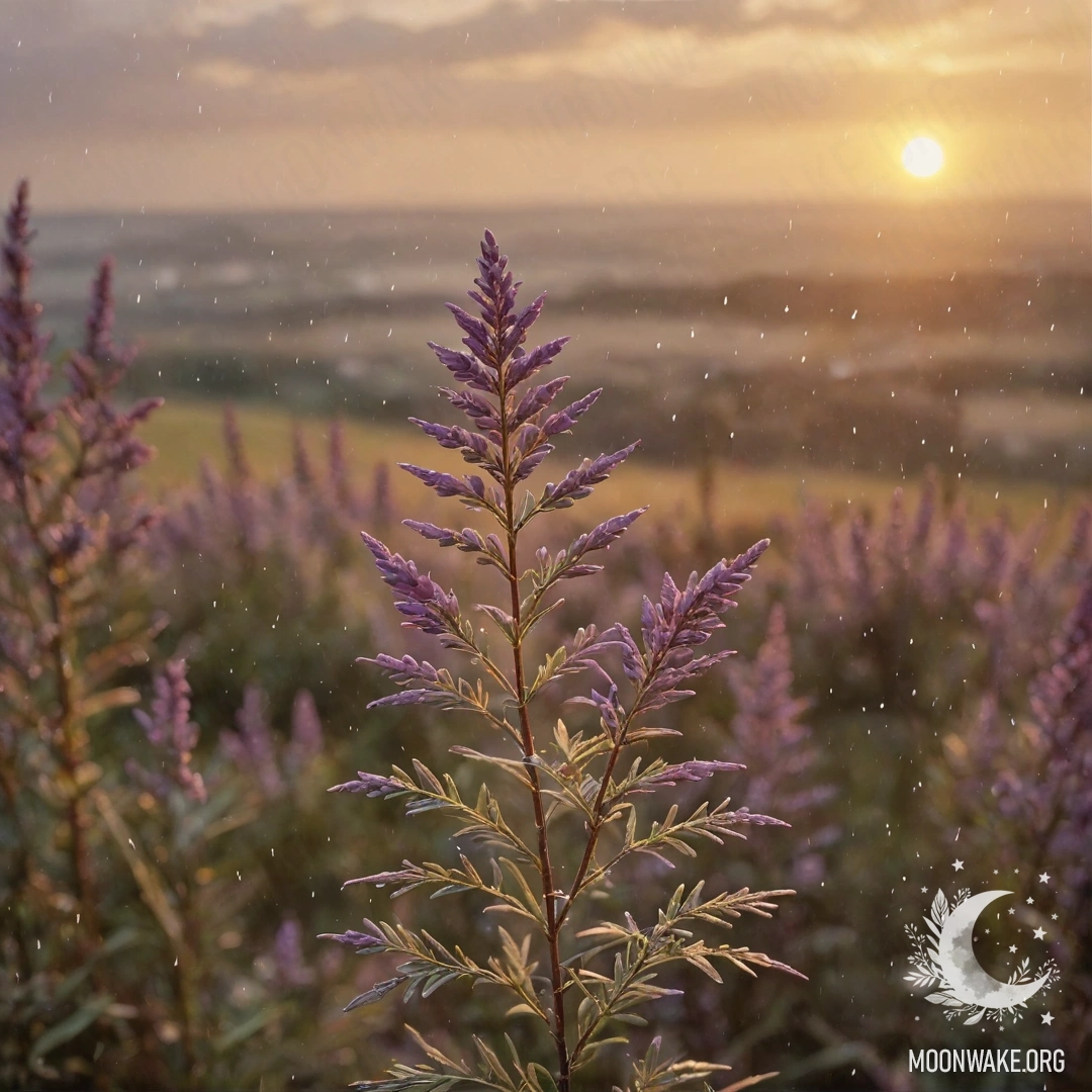 A landscape featuring calm heather in the rain at sunset, with warm cream yellow hues.