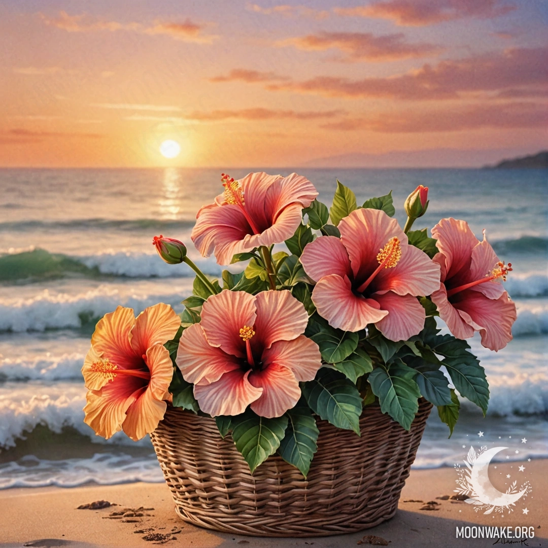 A peaceful hibiscus flower placed in a basket at sunset, with hues of sea wave color.