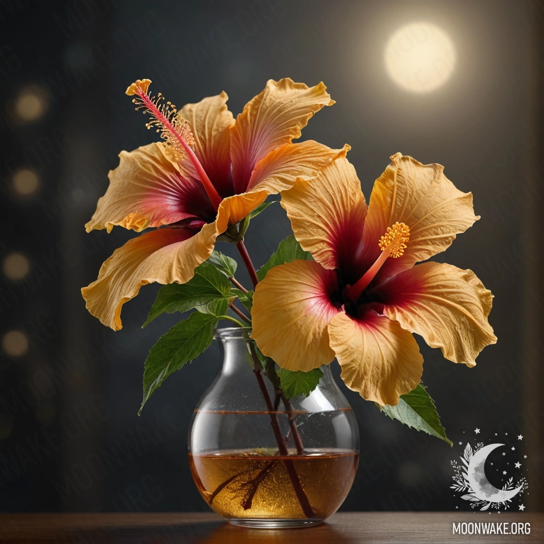 Calm Hibiscus in a Golden Vase A golden vase holds a calm hibiscus flower, surrounded by mist at night.