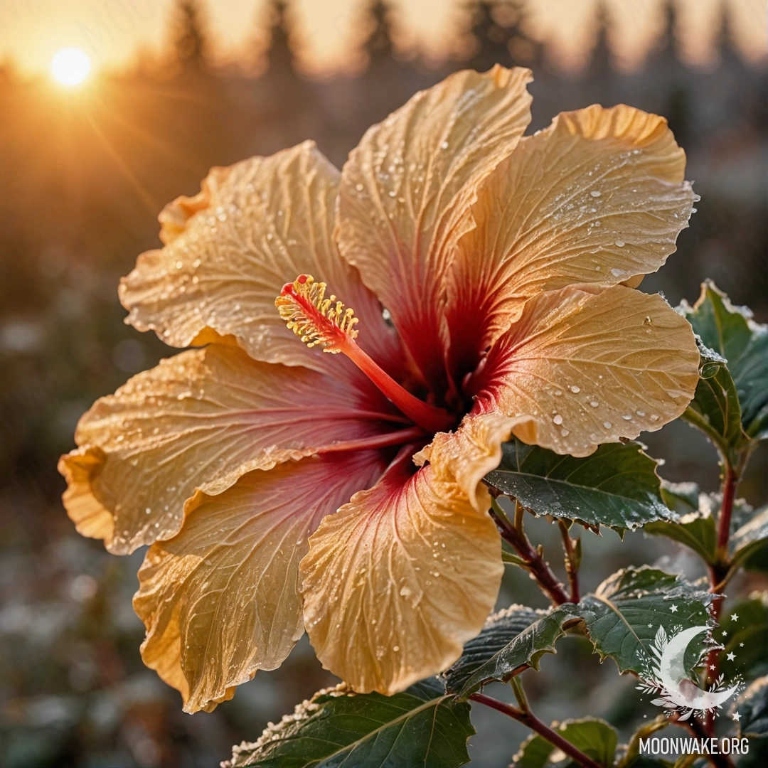 A tranquil hibiscus flower surrounded by frost with a golden sunset background.