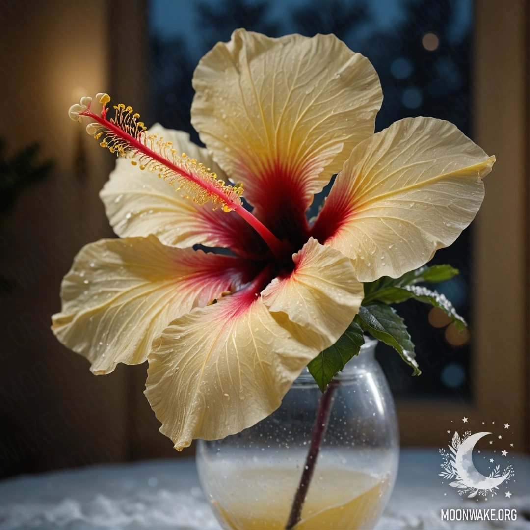 A cream yellow hibiscus flower in a vase, covered in frost at night.