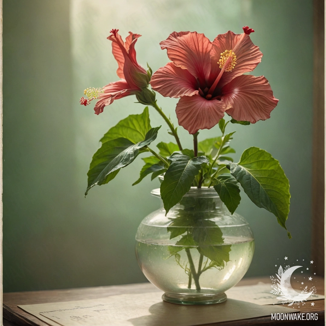 A calm hibiscus flower in a misty vase illuminated by sunlight.