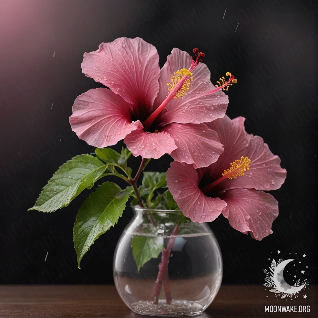 A pink hibiscus flower in a vase, surrounded by mist and rain at night.