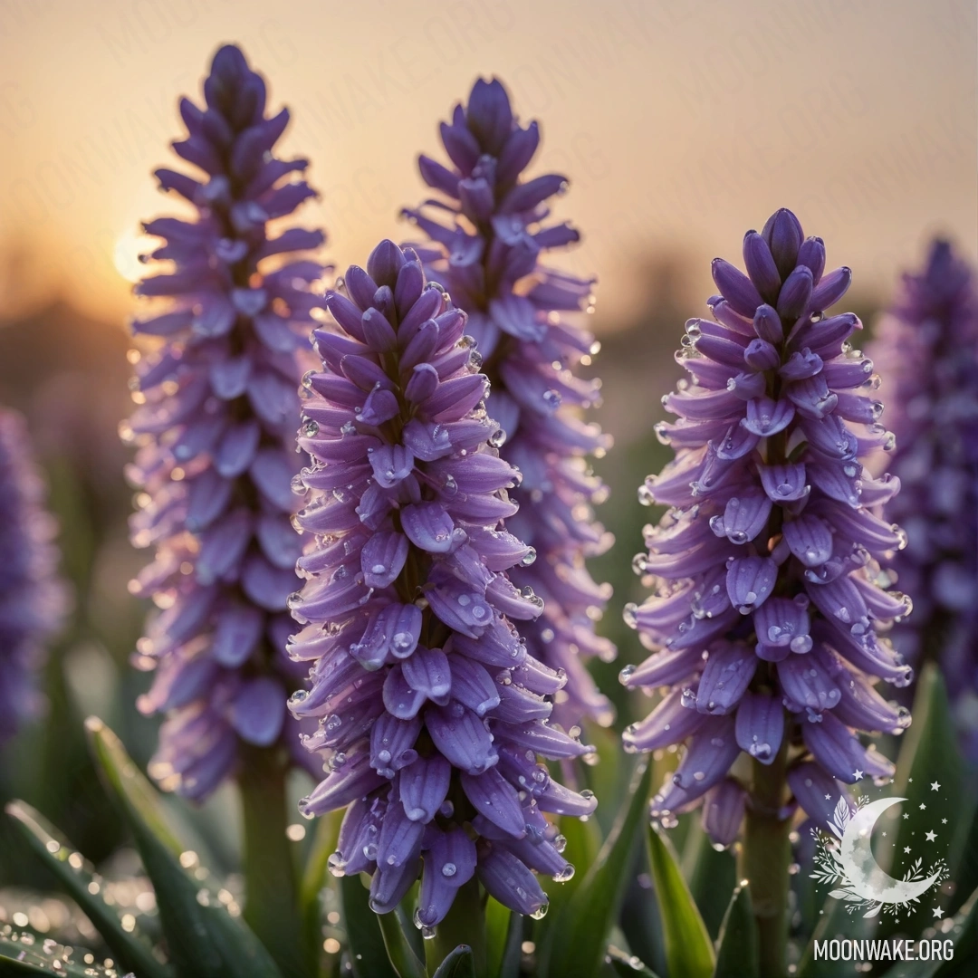 A calm hyacinth adorned with dew drops, shimmering at sunset.