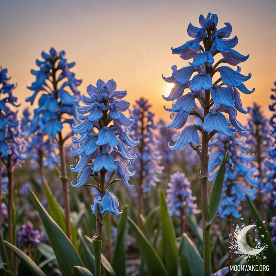 A calm hyacinth bathed in the warm hues of sunset, glittering gently.