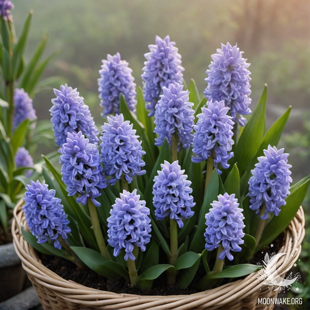 A calm hyacinth flower in a mint-colored basket, surrounded by fog at sunset.