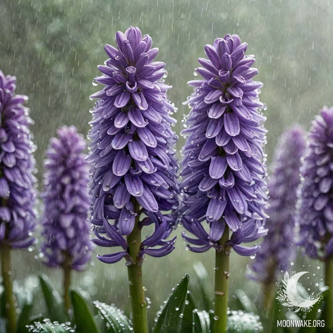 A calm hyacinth surrounded by mist and rain, sparkling with glitter.
