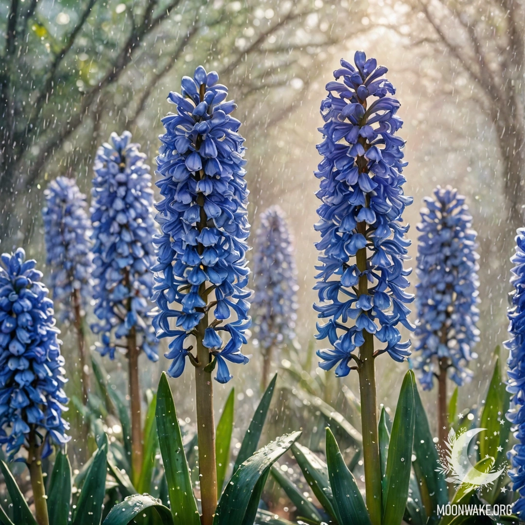 Calm Hyacinth in Mist with Sunny Rays A calm aquamarine hyacinth in the mist, illuminated by raindrops and sunlight.