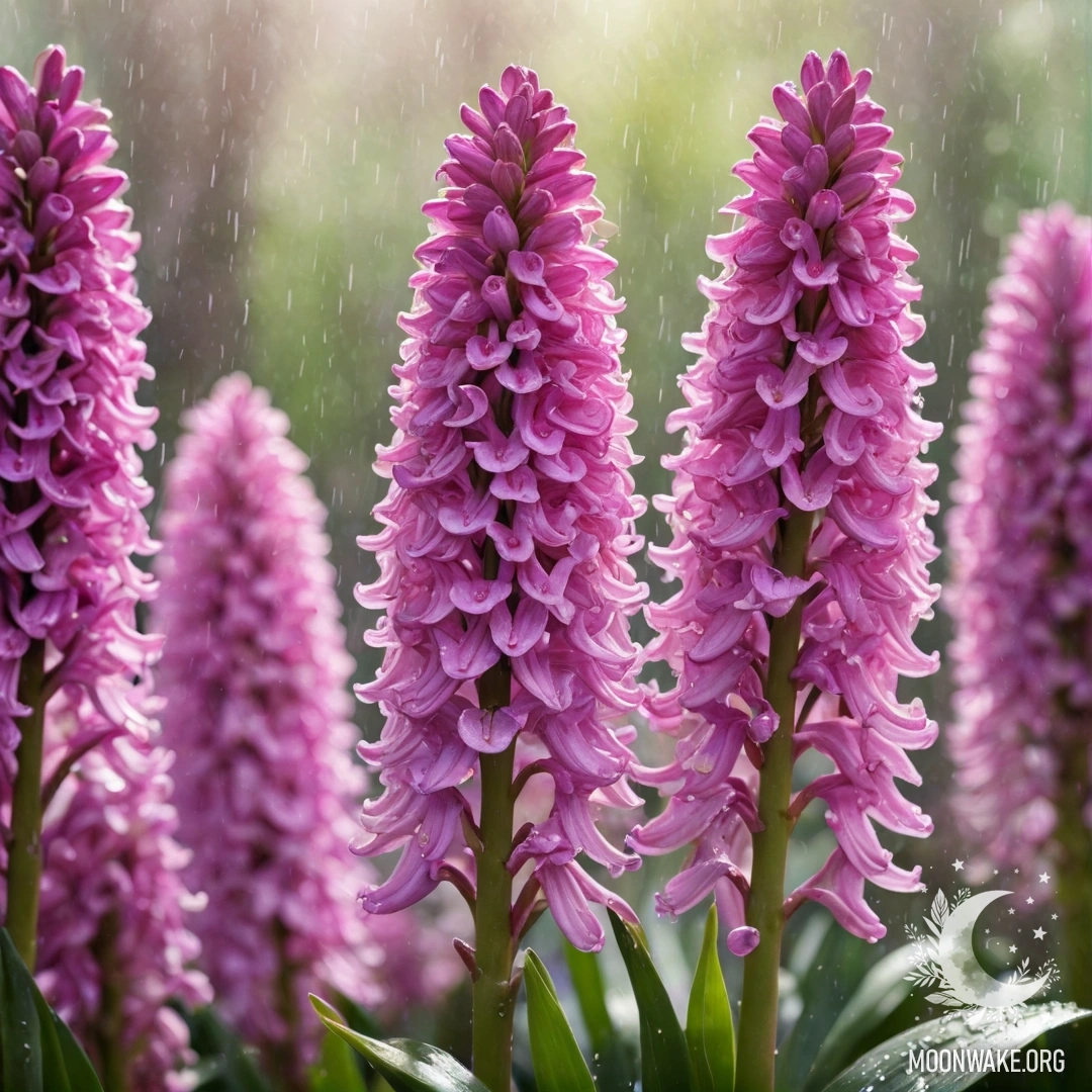 Calm Hyacinth in Rainy Sunshine A fuchsia hyacinth flower under rain with sunlight shining through.