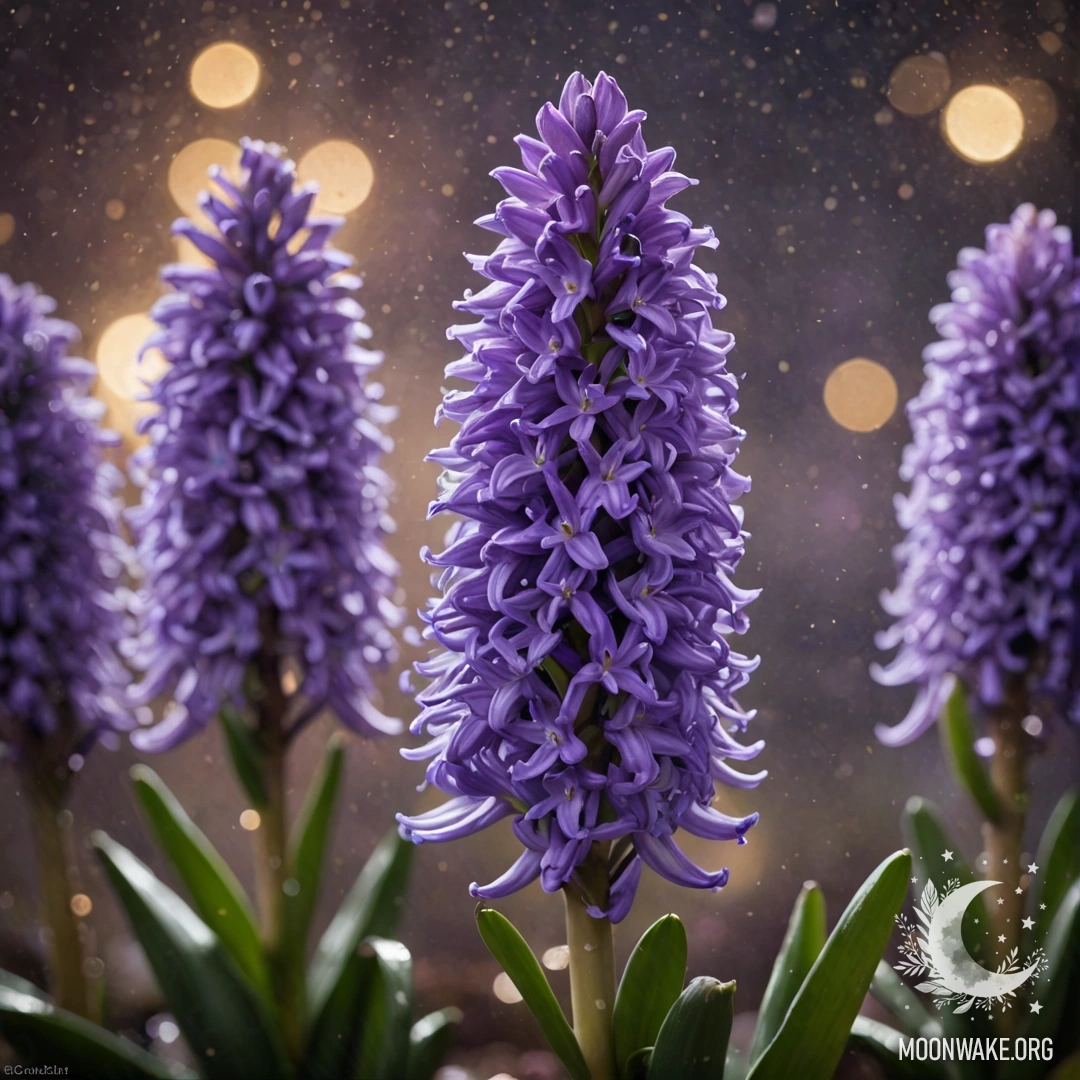 Calm Hyacinth in the Mist at Night A serene purple hyacinth surrounded by mist, glimmering at night.