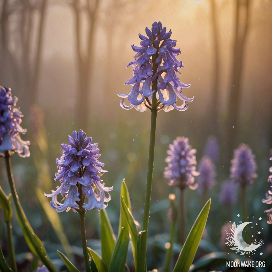 Calm Hyacinth in the Mist at Sunset A serene hyacinth surrounded by mist and gentle rain during sunset, adorned with golden sequins.