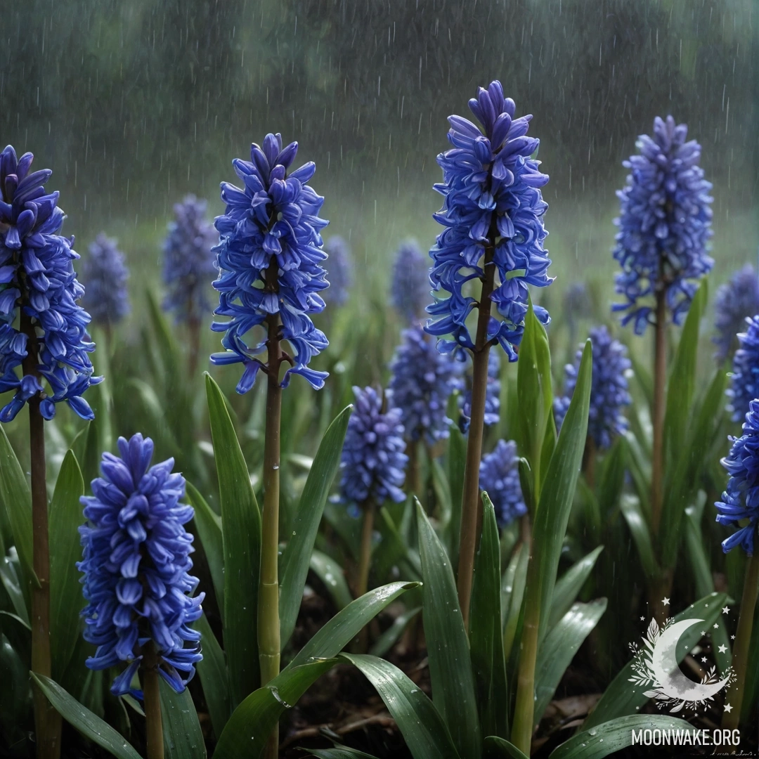 A serene hyacinth surrounded by mist and rain at night, featuring greenish-blue tones.