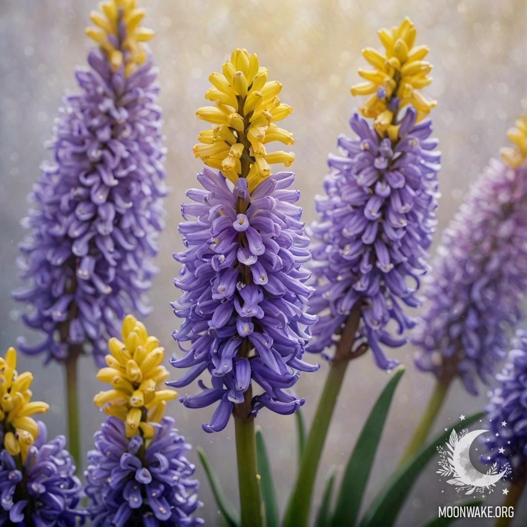 A delicate yellow hyacinth surrounded by a thick fog, adorned with iridescent sequins.