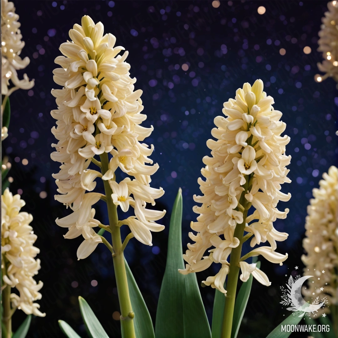 Nighttime Calm Hyacinth A calm hyacinth in cream yellow color adorned with sequins at night