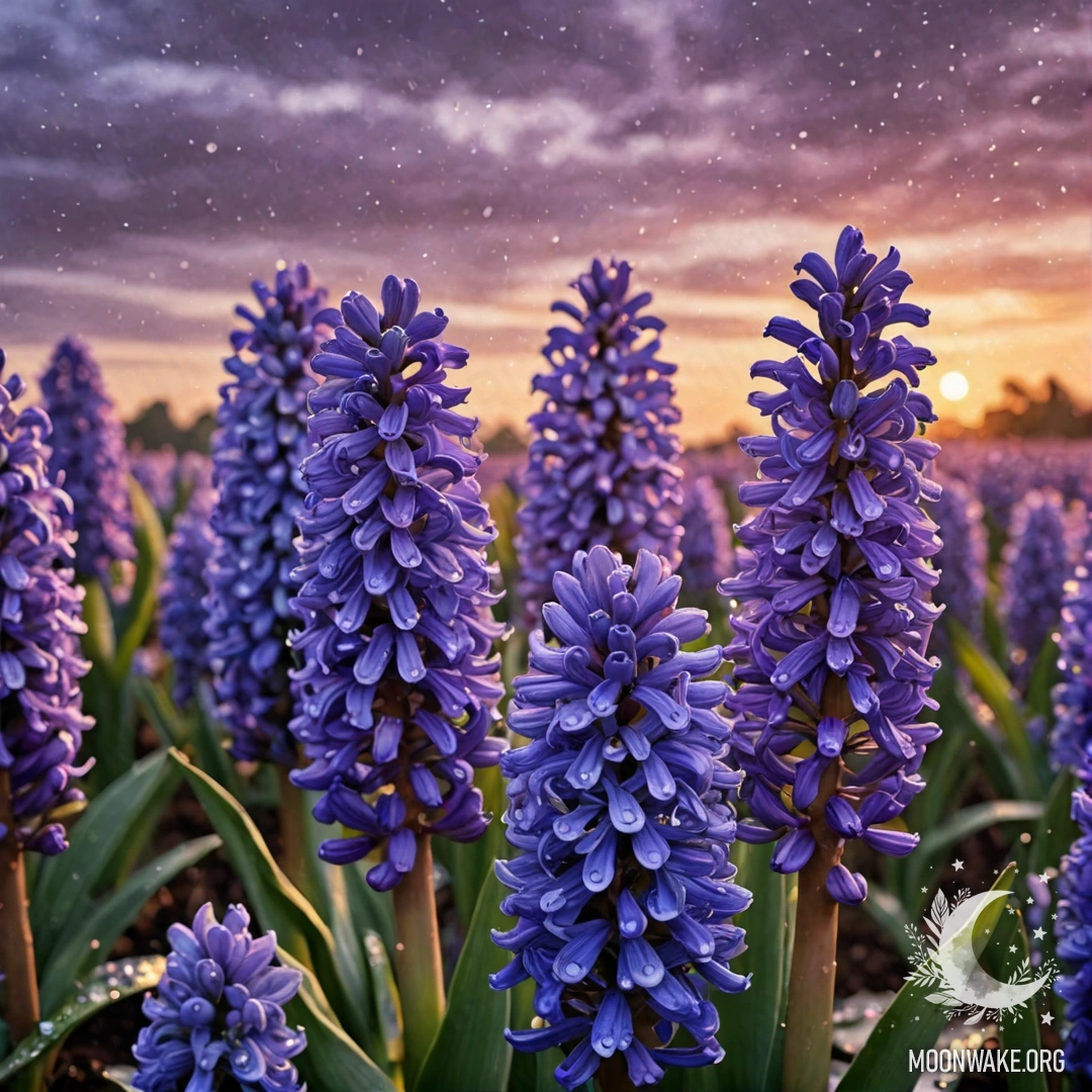 A calm purple hyacinth drenched in rain during a colorful sunset.