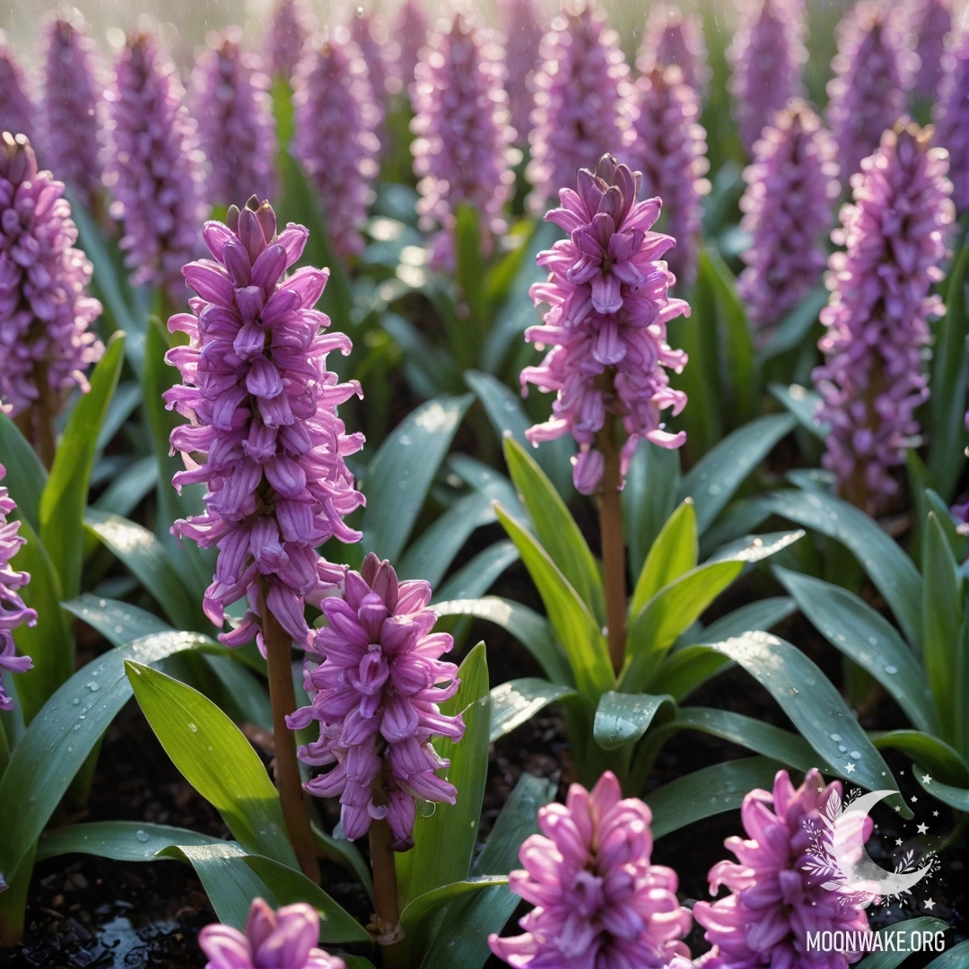 A calm hyacinth flower in the rain, illuminated by soft sun rays.