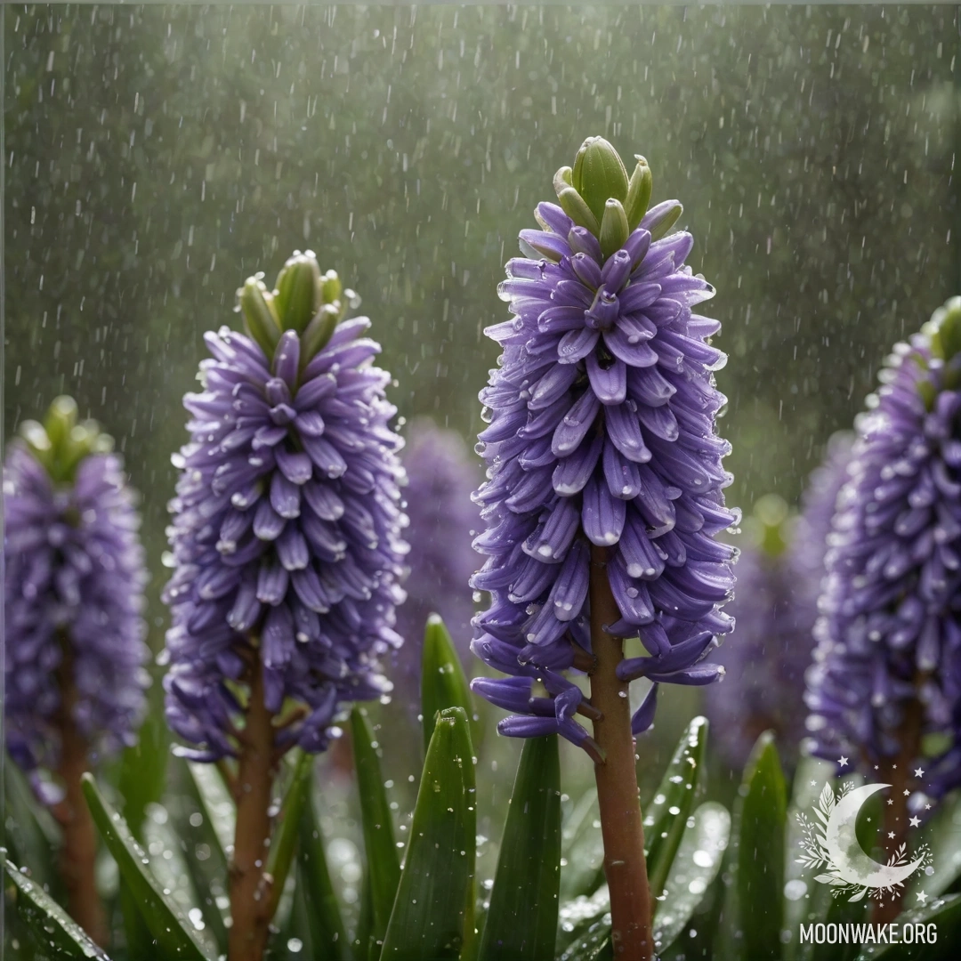 A hyacinth with olive-colored petals glistening in the rain.