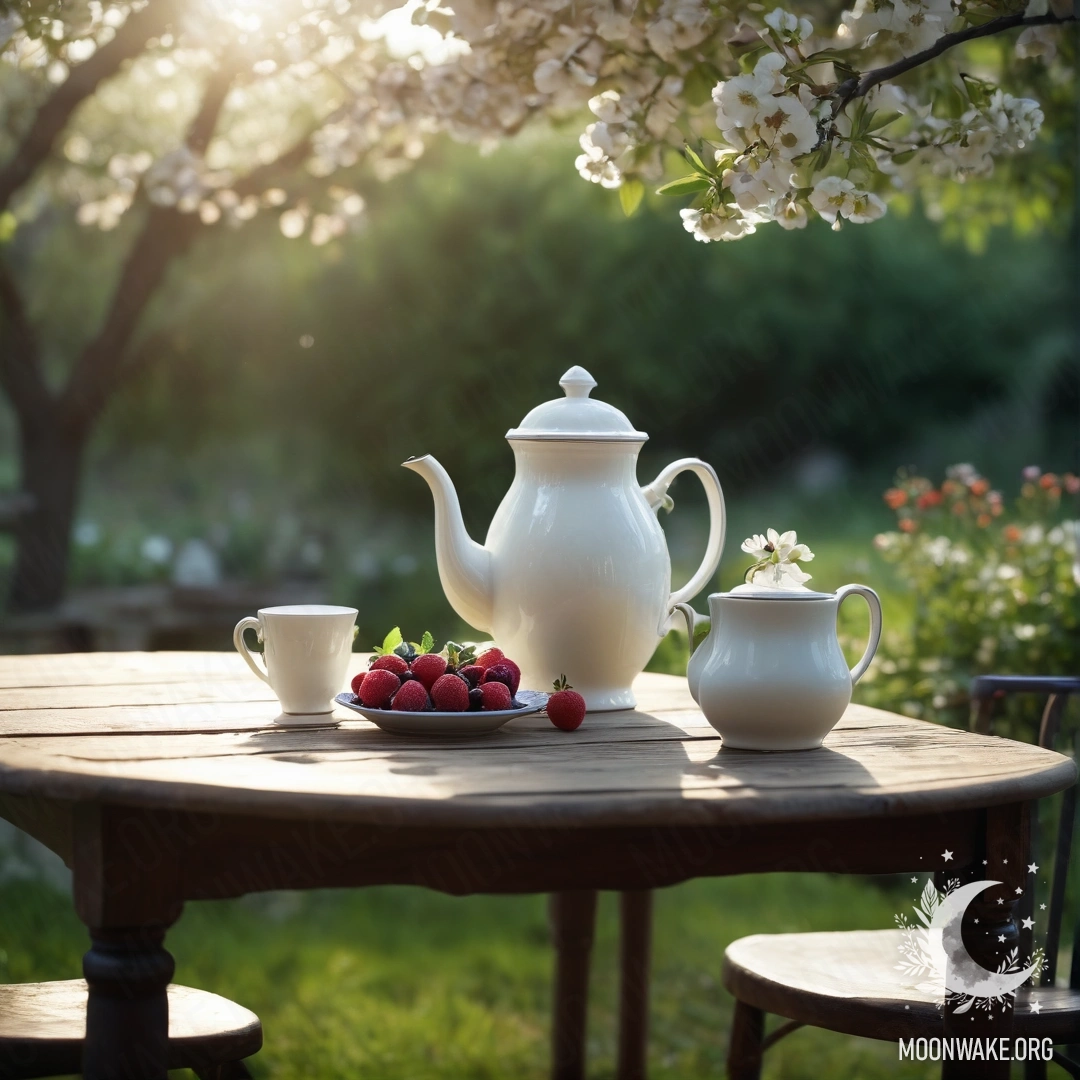 A vintage table set with cups, a teapot, berries, and flowers under a blossoming apple tree at night.
