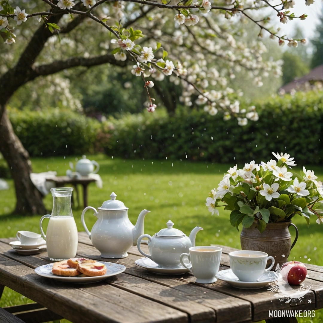 A vintage table with cups, a teapot, berries, and flowers under an apple tree in the rain.