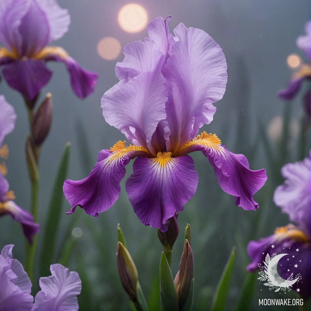 Calm Iris in Foggy Night A serene iris surrounded by fog under the night sky with fuchsia patterns.