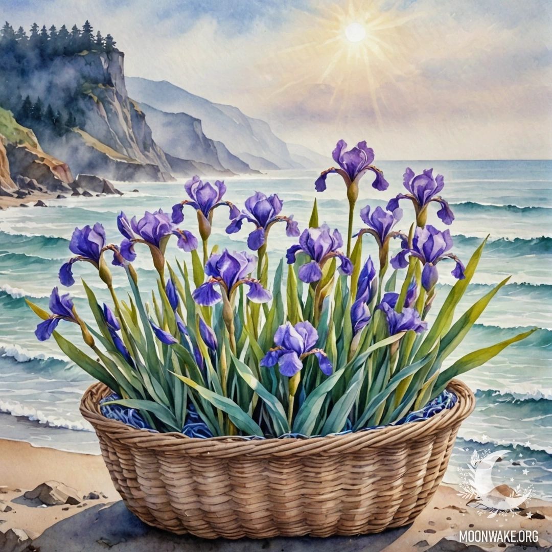 A serene iris flower in a misty basket, shaded with sea wave colors.