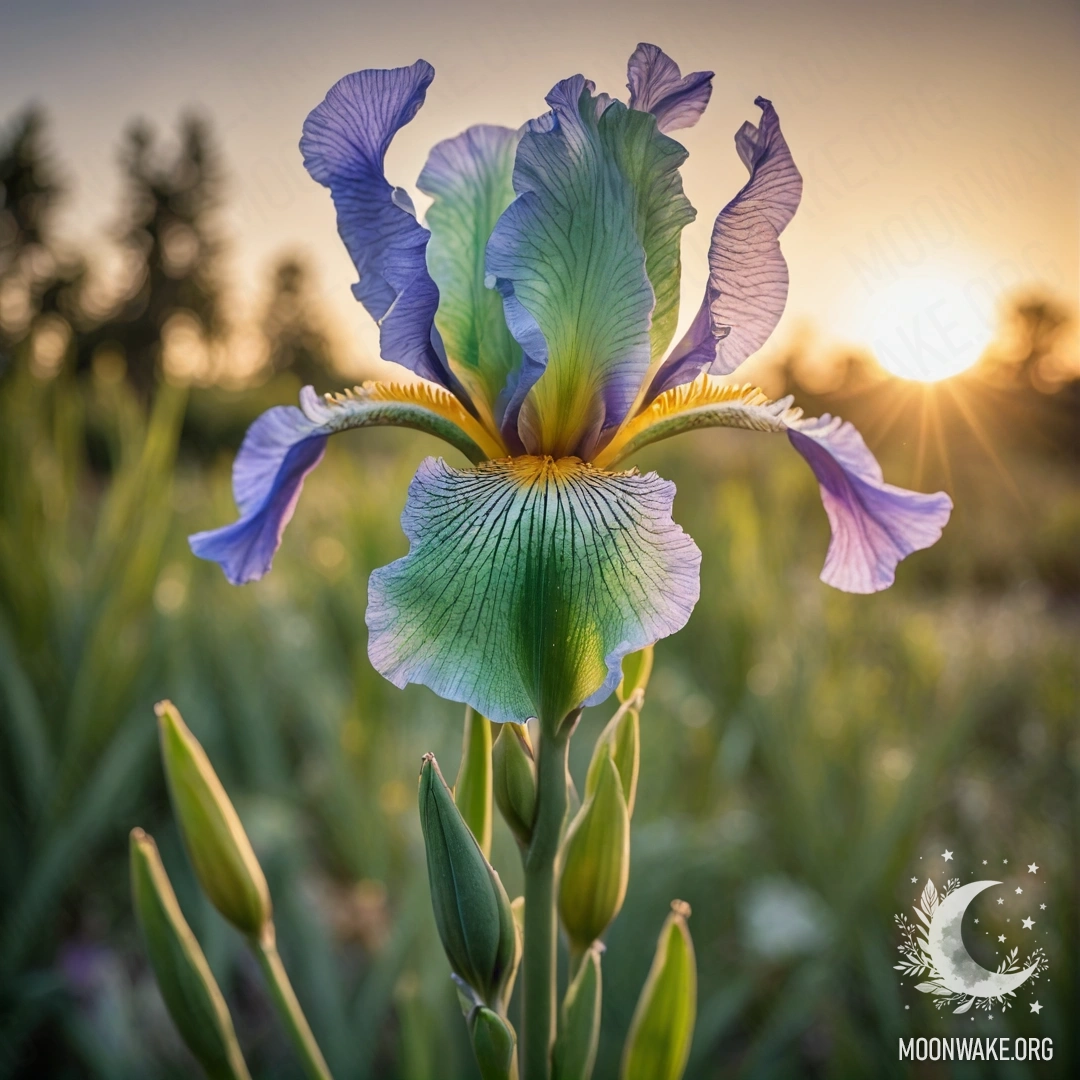 A calm iris wrapped in a delicate web against a sunset backdrop.