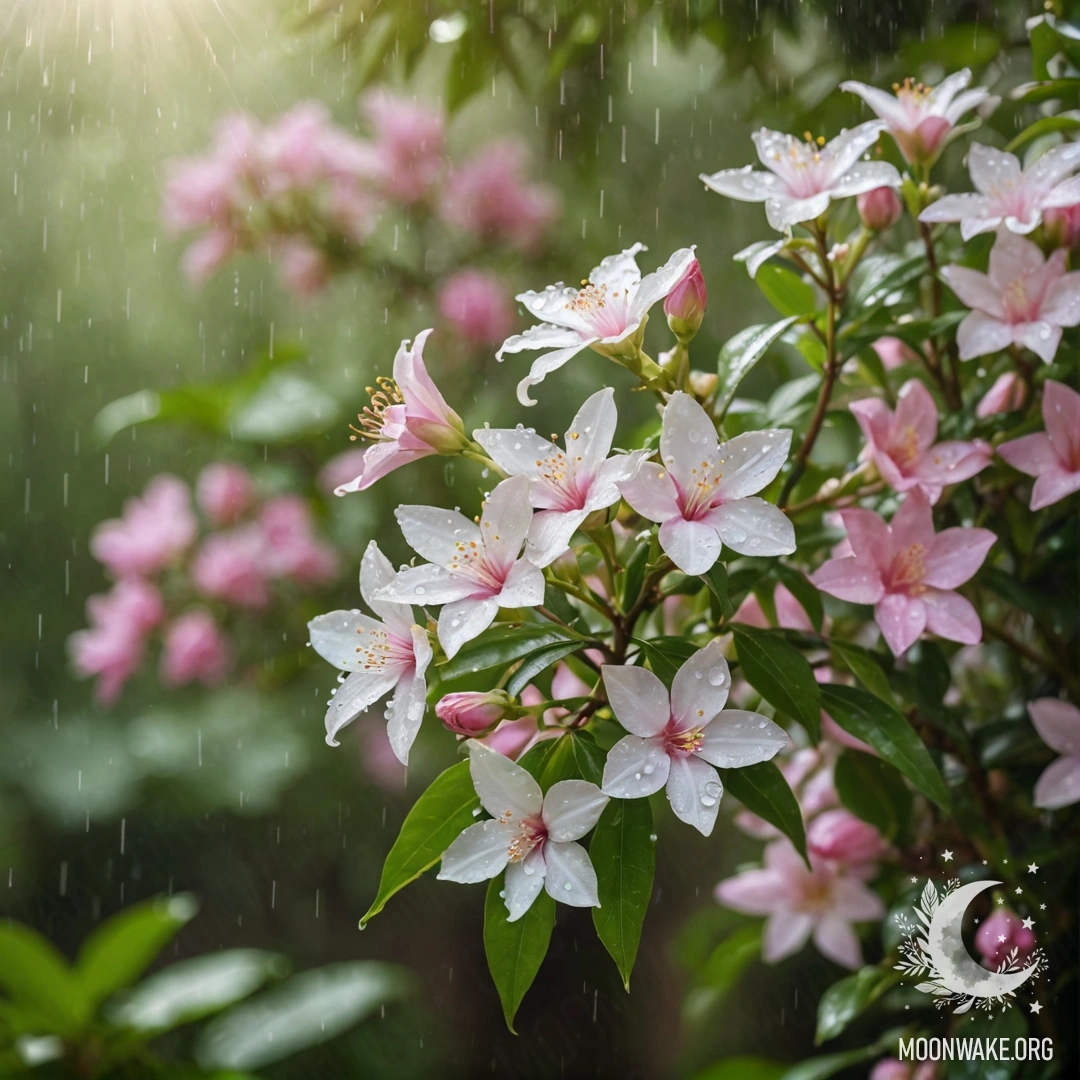A serene bouquet of pink jasmine flowers under gentle rain with sunlight filtering through.