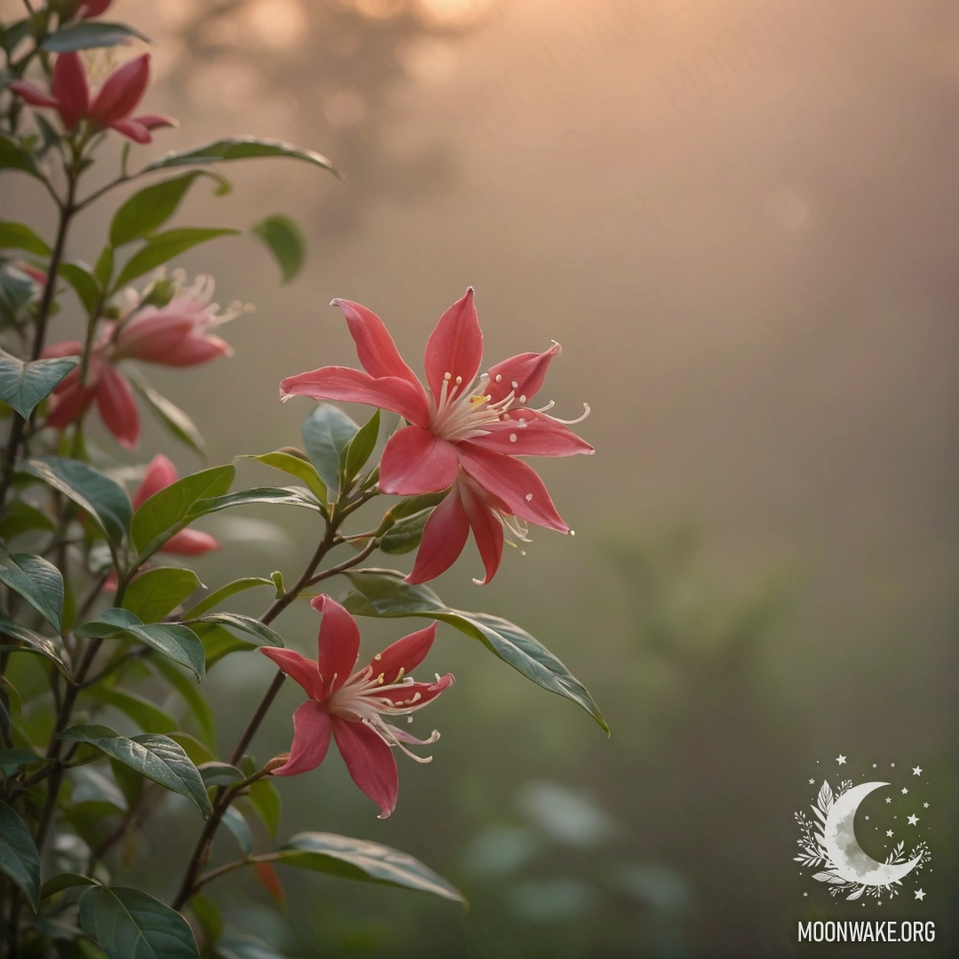 A serene scene of jasmine flowers in a foggy sunset, with red hues.