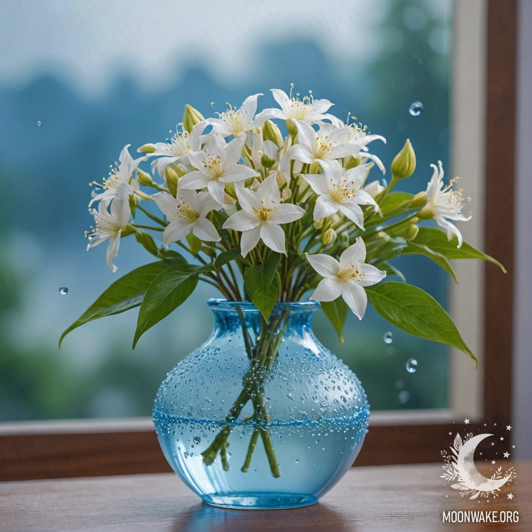 A tranquil image of jasmine flowers with dew drops in a sky blue vase.