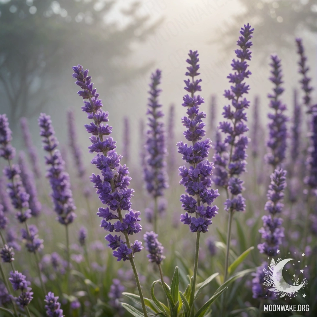 A serene bouquet of lavender in a misty, fog-filled landscape.