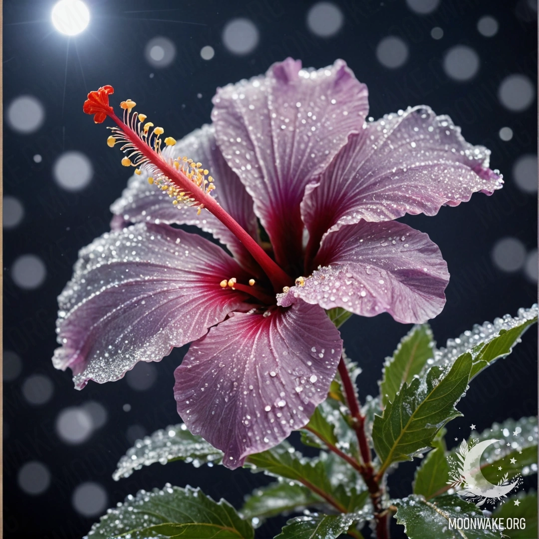 A serene scene featuring a lavender hibiscus covered in frost under the moonlight.