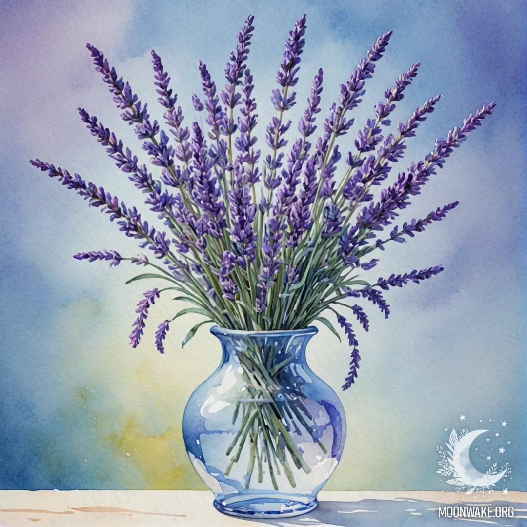 A serene watercolor painting featuring lavender flowers in a sky blue vase.