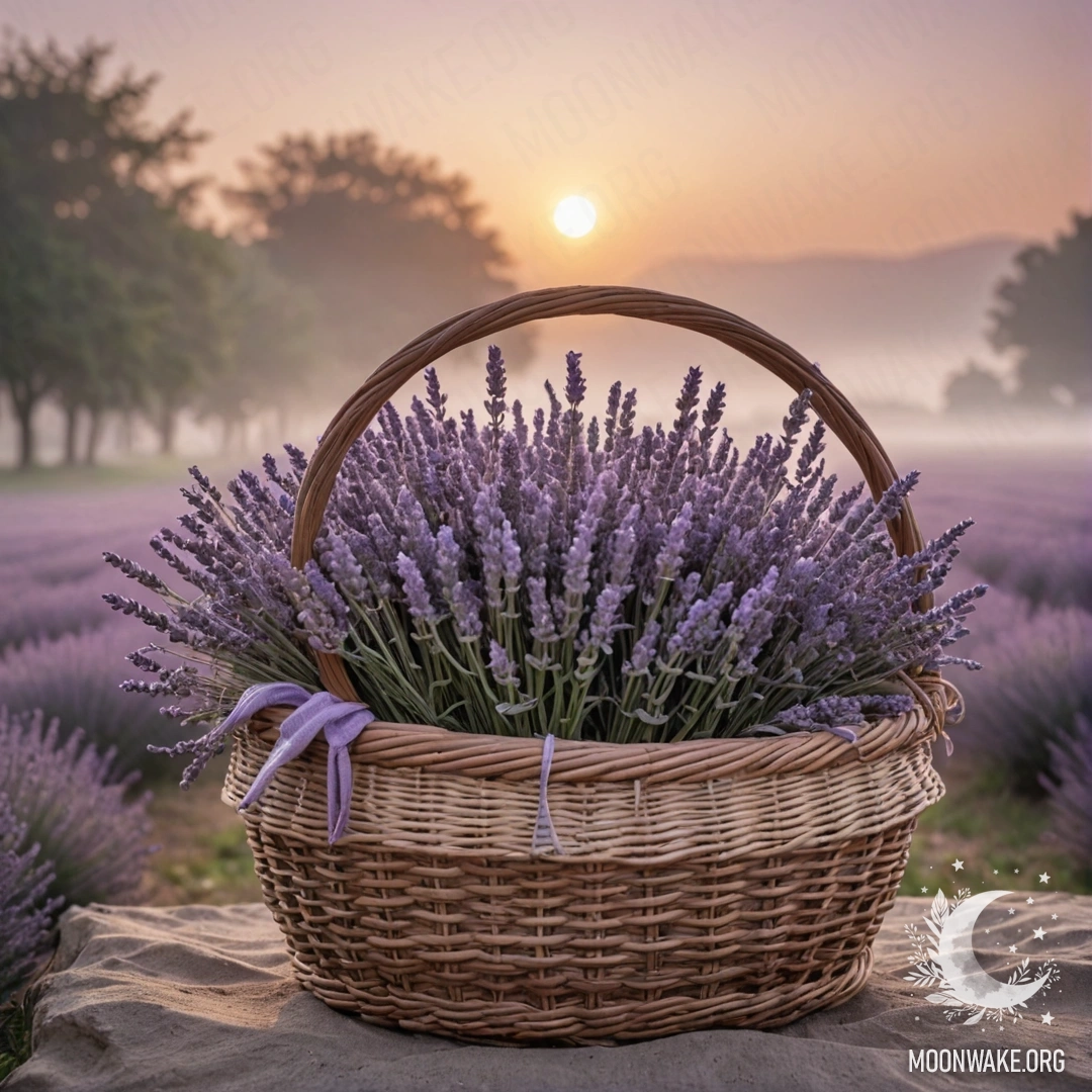 A beautiful basket of lime-colored gohua filled with calm lavender in mist at sunset.